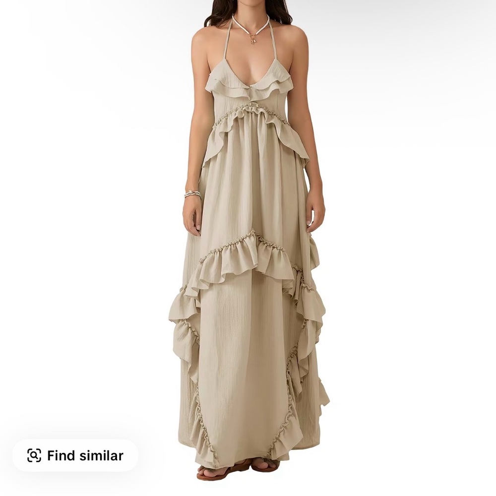 Boho Ruffle Halter Maxi Dress in Beige